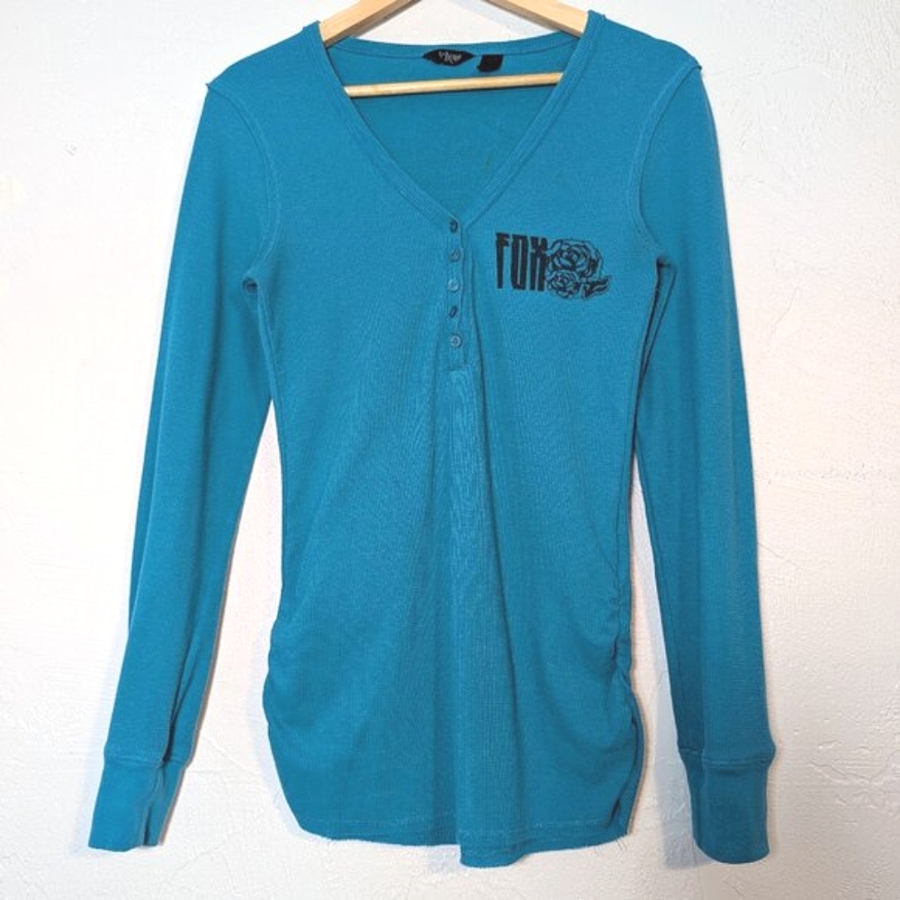 Fox Rider Co Vintage Y2K Graphic Waffle Knit Thermal Henley Top Skater Mall Goth